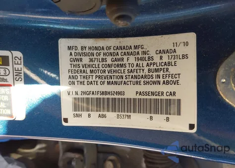 2011 Honda Civic Lx из США, поврежденный, VIN 2HGFA1F58BH524903